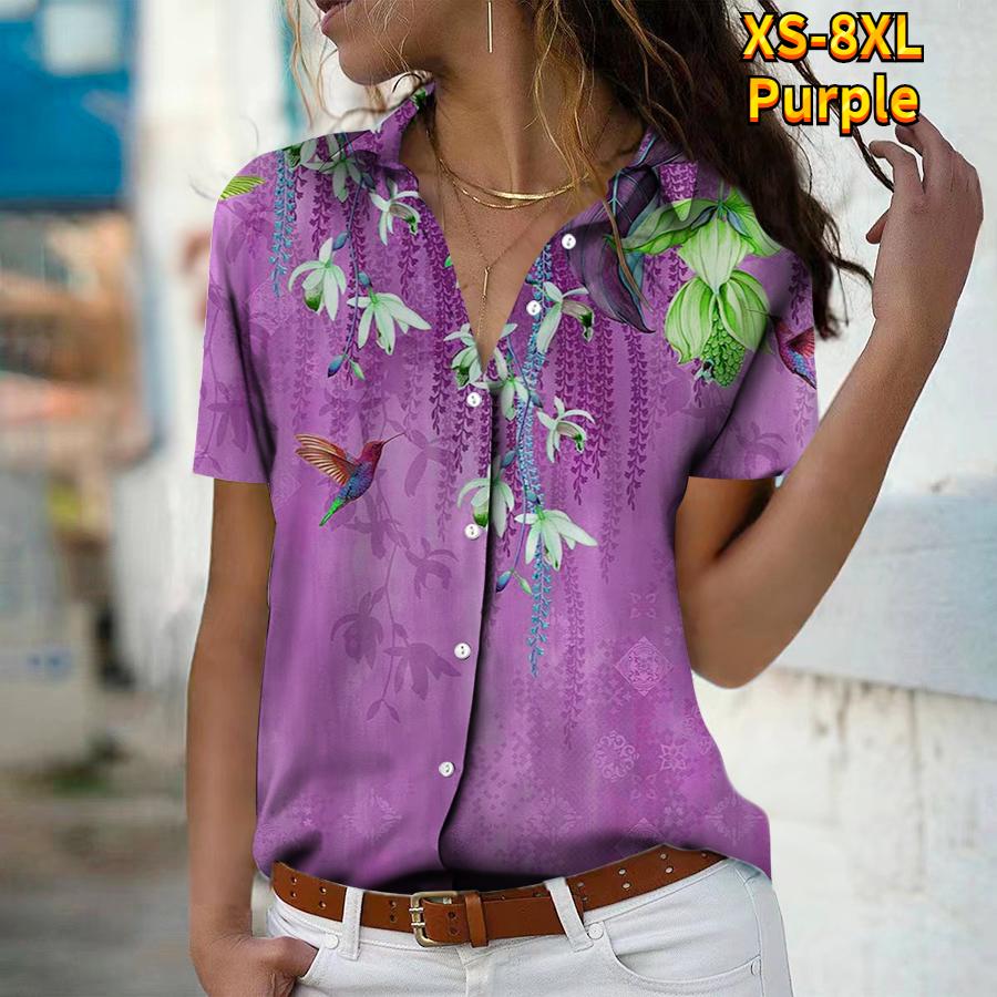 

2025 Summer New Fashion Women s Flower Printed Short Sleeve V-neck Casual Button-down Shirt Top 8XL