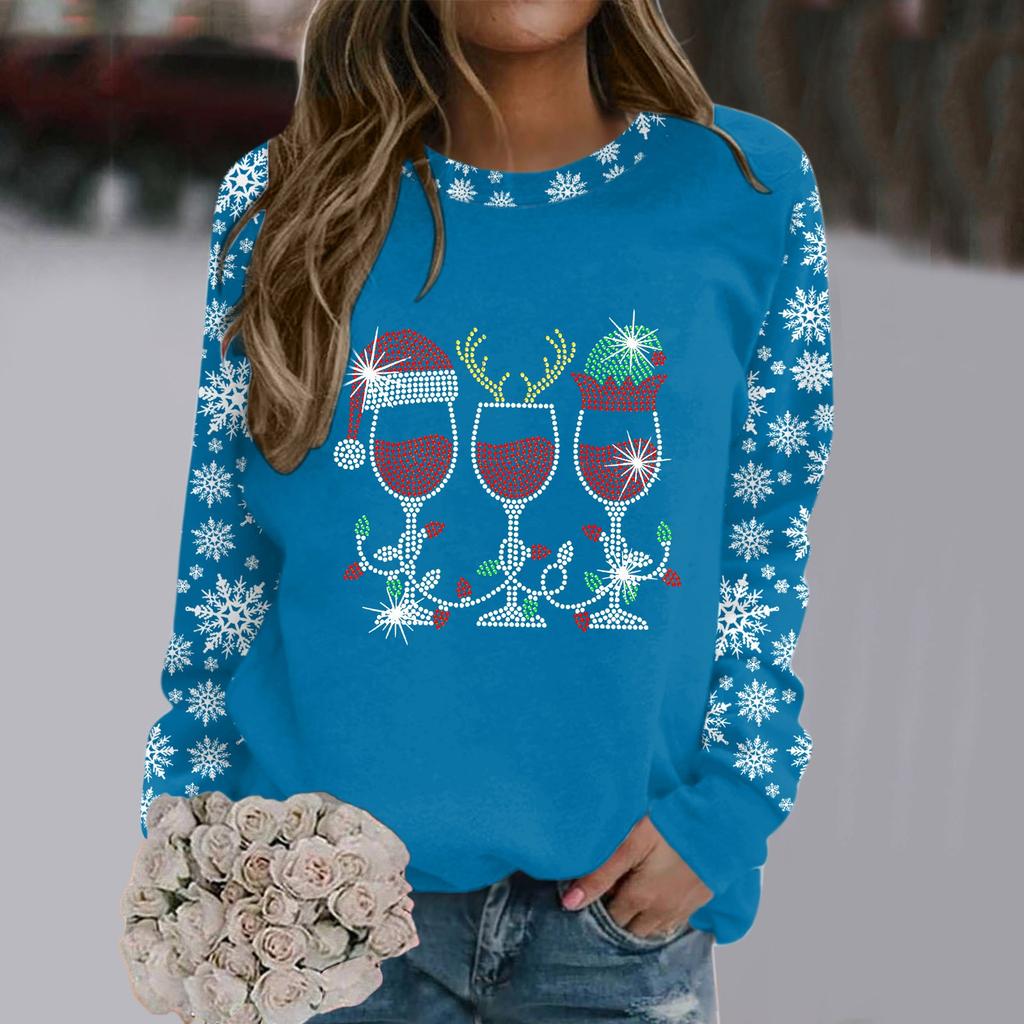 Weihnachts-Sweatshirt Weinglas Hut Schneeflocken-Print Pullover Herbst und Winter Rundhals Langarm Kapuzenlose Oberteile Lässiger Hoodie