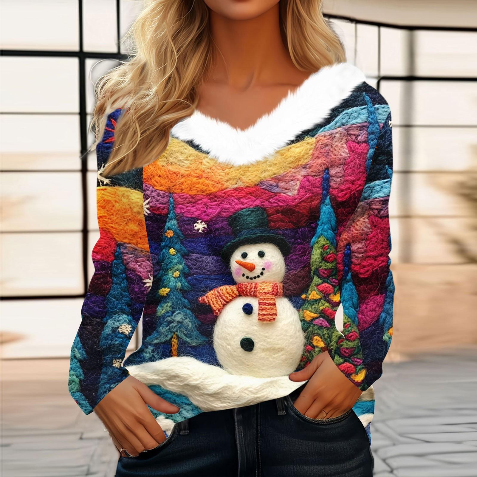 

Женская футболка, рождественская рубашка с длинным рукавом, вечерние, рождественский флисовый воротник, топ с v-образным вырезом XXXL