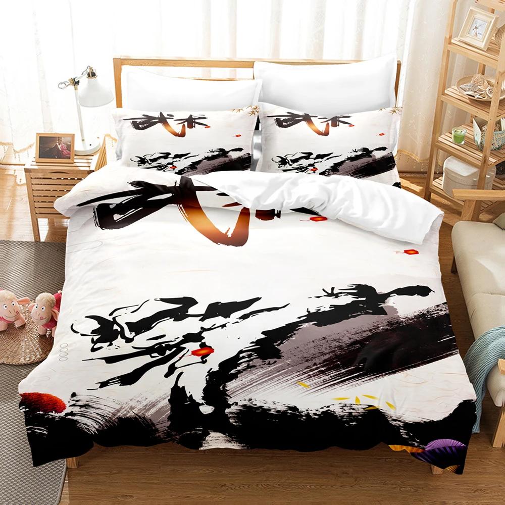 Chinese Kungfu Duvet Cover Black Cartoon Martial Artist Silhouette for Adult Teens Boys China Cultural Theme Bedroom Decoration