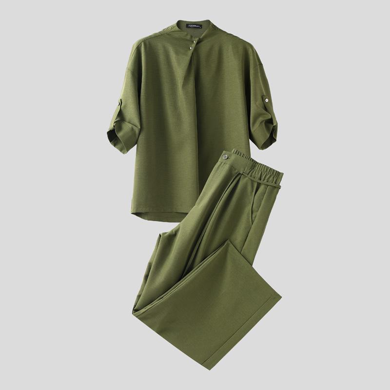 INCERUN Two Piece Suit Men Mockneck Half Sleeve Shirts Trousers Casual Loose Sets