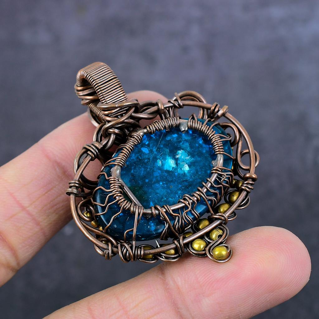 Natural Blue Baltic Amber Handmade Copper Wire Wrap Jewelry Pendant 2.13" D3F77