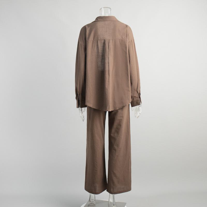Women Casual Solid Color Cotton Linen Shirt Pants Suits Fashion Single Breasted Blouses Elastic Waist Pants Set Spring Loose Outfits