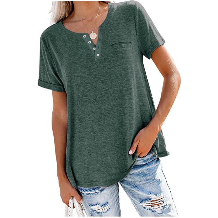 New Women's V-Neck Short Sleeve Loose Pocket T-shirt for Spring/Summer - Europe & America Style