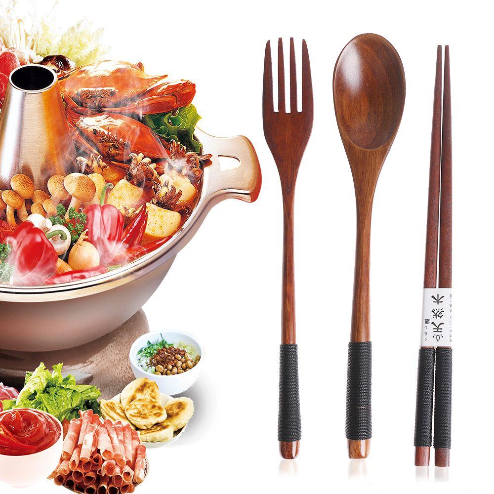 Travel Portable Cutlery Set Natural Spoon Fork Chopsticks Wooden Cloth Bag