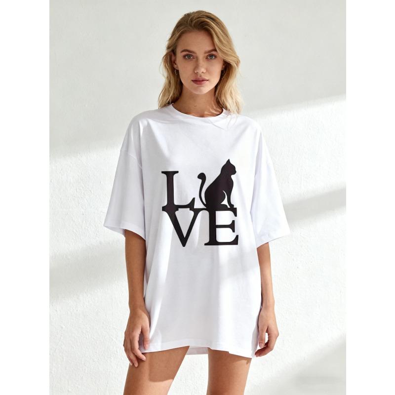 Oversized T Shirt Black Love Cat Print Graphic Tee For Casual Wear And Street Style