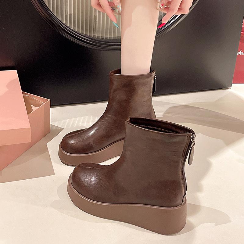 Nuevas Botas Cortas de Cuero Suave de Moda Retro Otoñales para Mujer, Punta Redonda, Suela Gruesa, Cómodas Botas para Mujer que Aumentan la Altura