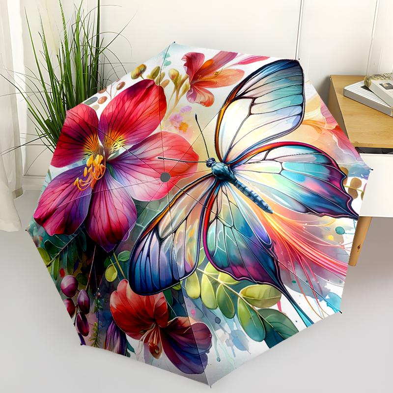 Beautiful Butterfly Automatic Folding Umbrella - Compact 8-Rib Design Durable Lightweight for Outdoor & Daily Use Gift Idea Stylish Accessory