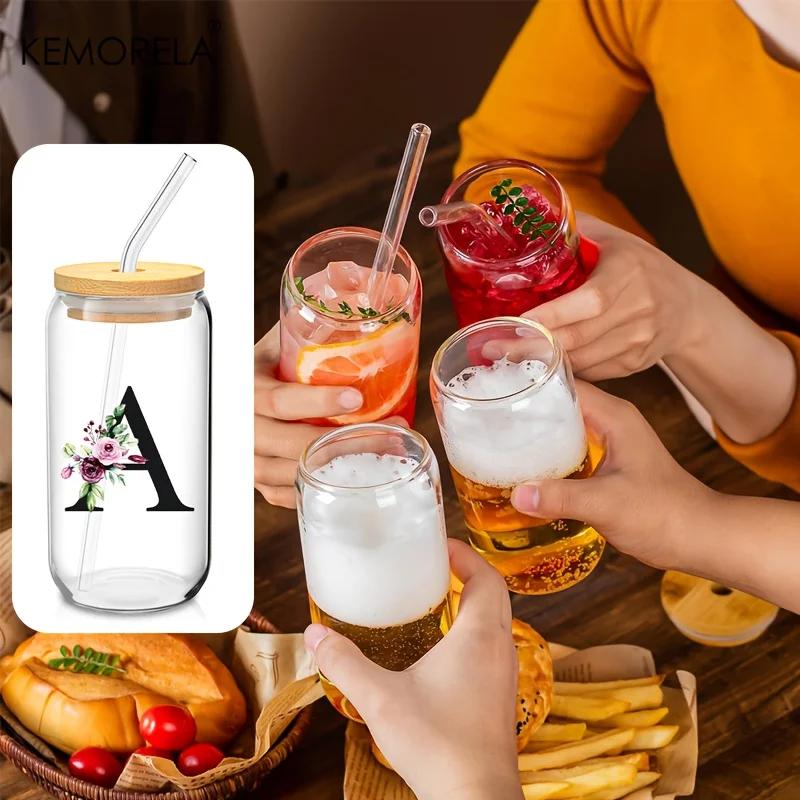 1 STÜCK 24 Buchstaben Glas Trinkbecher mit Bambusdeckel Strohhalm Individuelle Eiskaffeetasse 470ML Klares Mason Jar Bier Smoothie Cocktail