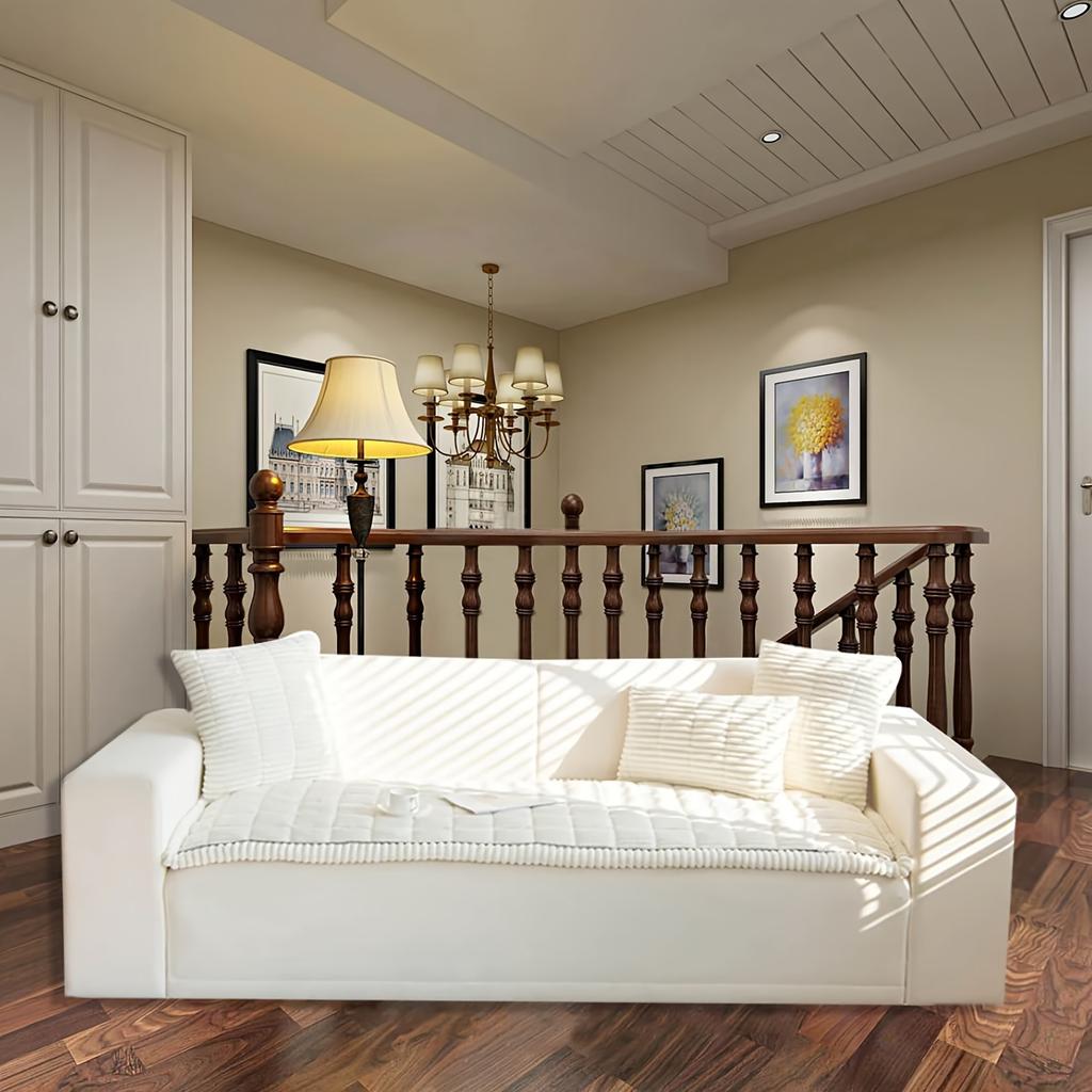 A Bohemian Style Quilted Sofa Cover with Ruffled Edges, Featuring One-piece Short Pile Fleece Fabric, Machine Washable, Pet Friendly, Non-slip Sheaths