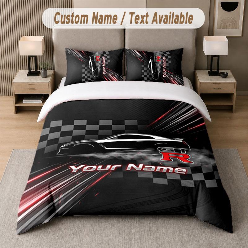 Custom Bedding Set Nissan GT-R Pattern, Print Name Text 1 Duvet Cover plus 2 Pillowcases Home Textile