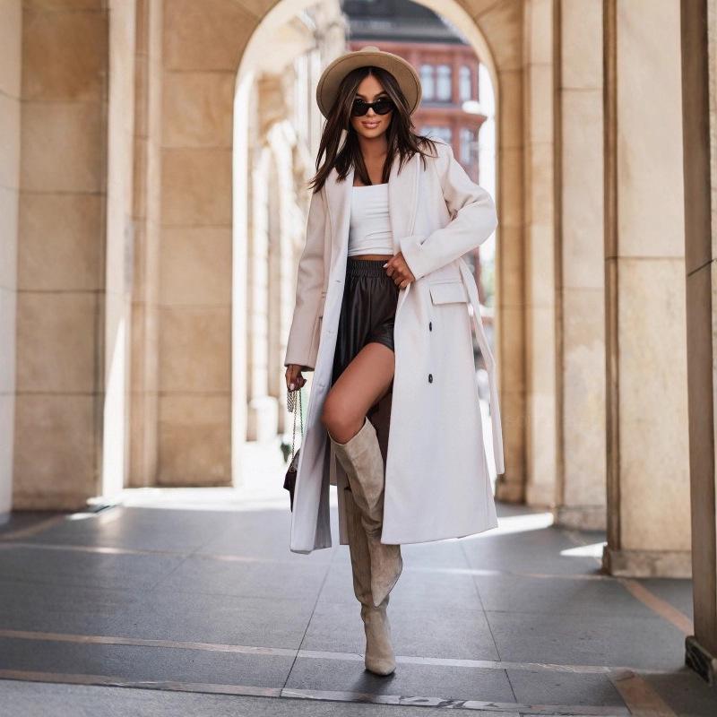 Dam 2023 Höst/Vinter Ullkappa - Långärmad, Kavajkrage, Knytförslutning