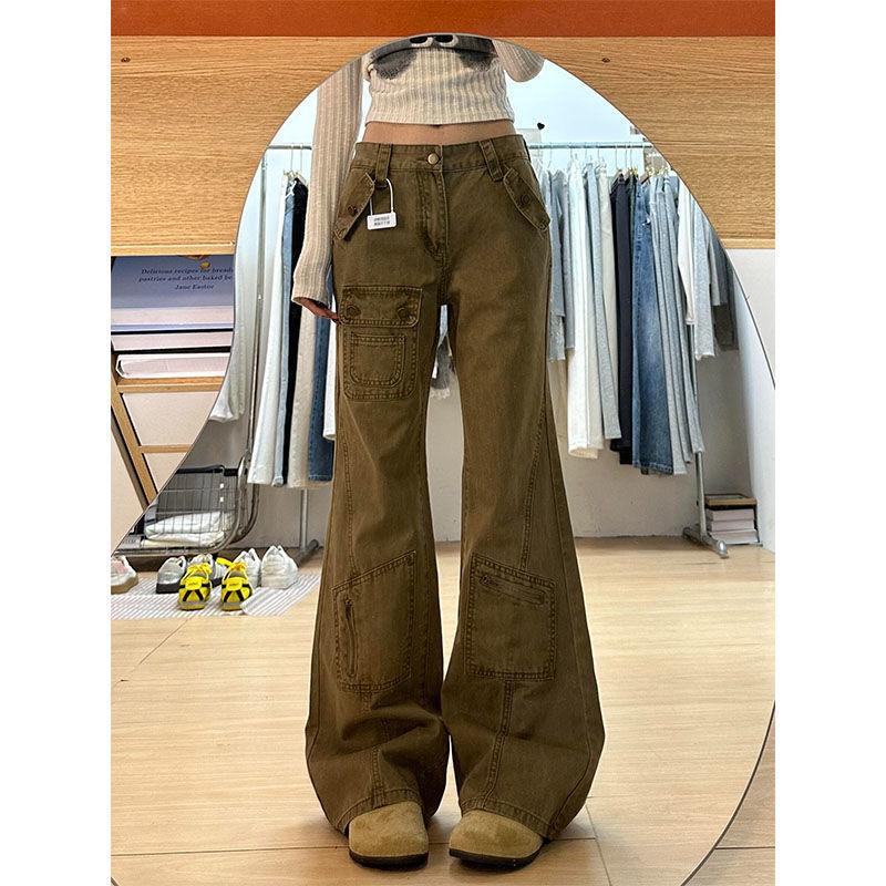 

Хаки микро-пулл джинсы карго женские весенние новые с высокой талией многокарманный дизайн моппинг длинные брюки S хаки