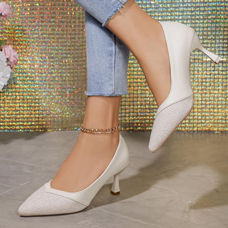 Lucyever Sequined Pointed Toe Pumps Women Elegant Thin Heels Office Wedding Shoes Woman Plus Size Shallow Mouth High Heel Shoes