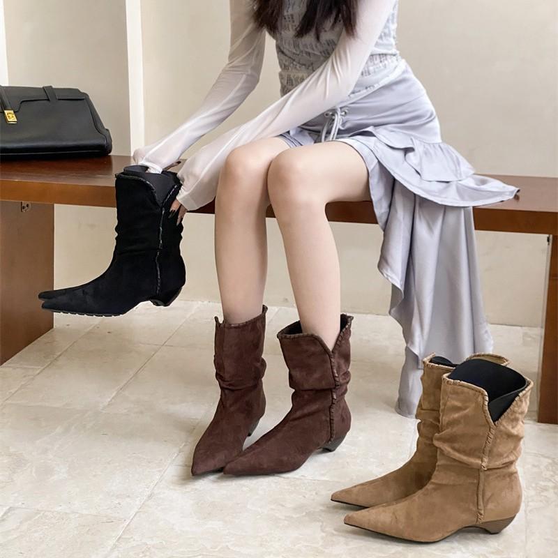 Niche light luxury 2025 autumn and winter handmade women's shoes foreign trade retro women's shoes women's boots soft leather retro, part boots pleate