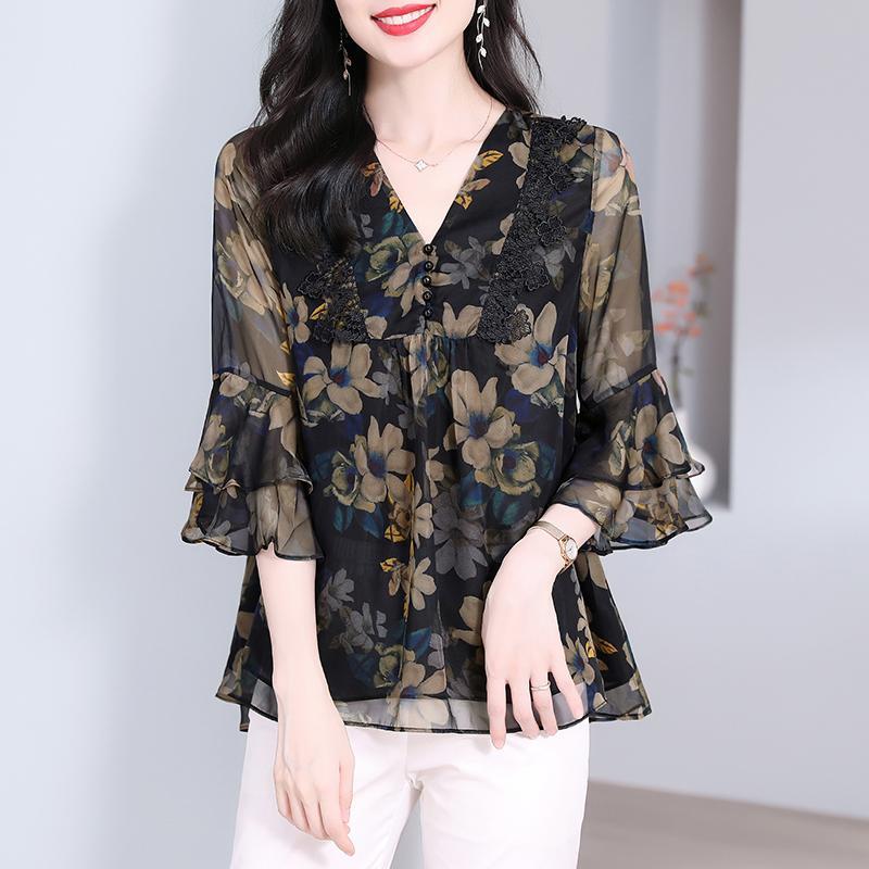 Flowers Shirt Women's Clothing Chic Lace Patchwork Elegant V-Neck Summer Ruffles Half Sleeve Casual Loose Blouse