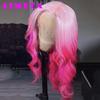 AIMEYA Long Straight Ombre Pink Wig Fashion Silky Synthetic Lace Front Wig Halloween Cosplay Makeup Heat Resistant Fiber Hair