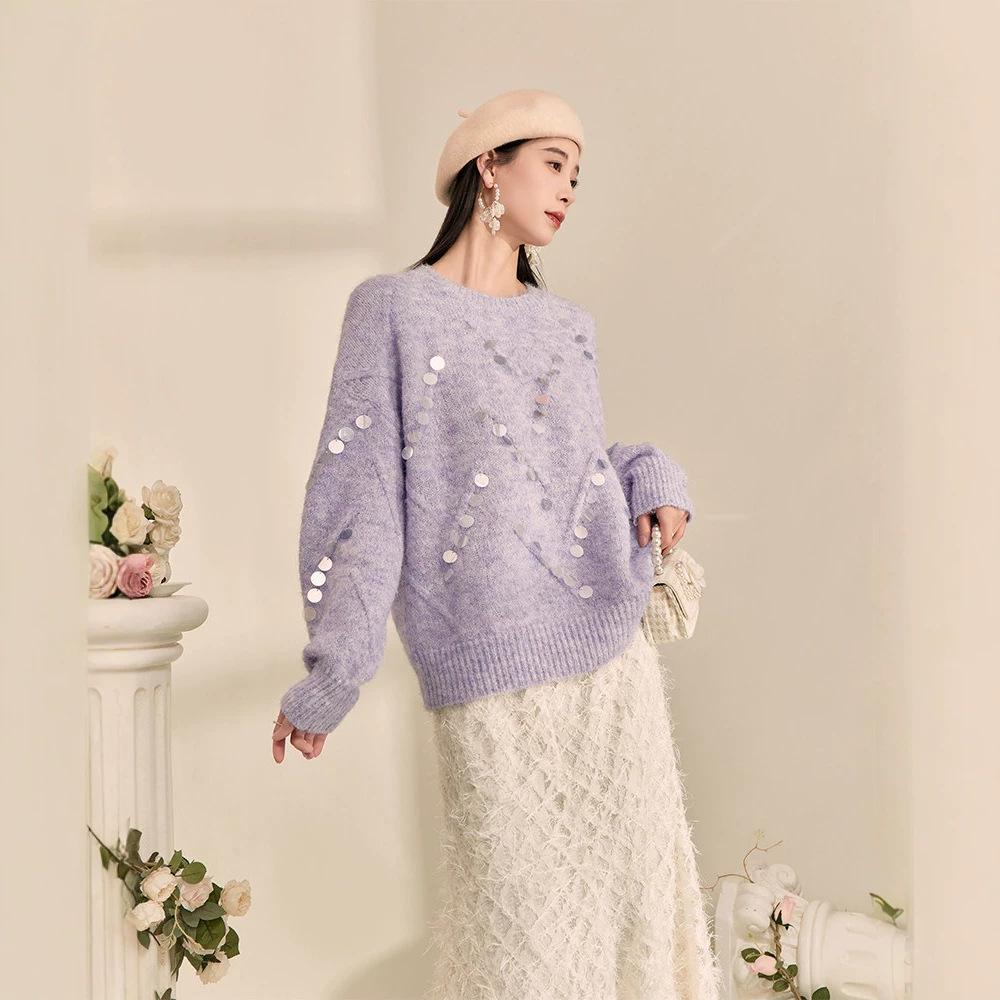 Elegant Purple Sequin Round Neck Sweater - Soft, High-Grade Pullover with Niche Design and Lazy Style.