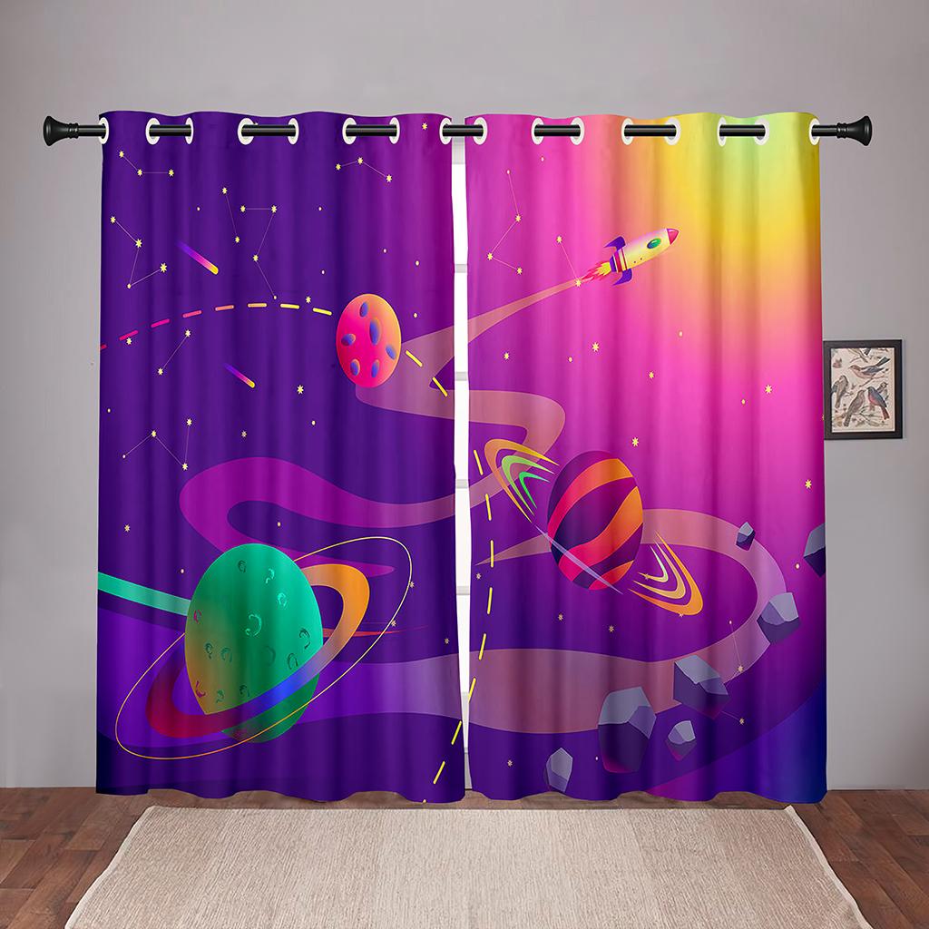 Thick 90% Shading 2PiecesCartoon Space Planet Universe Blackout Window Curtain For Bedroom Living Room Bathroom Kicthen DoorHall