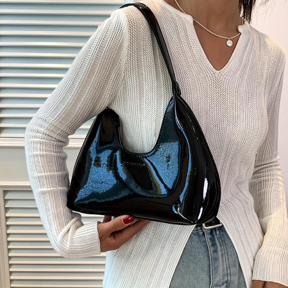 Solid Color Glossy Shoulder Bag Trendy PU Leather Hobo Bag Women'S Fashion Handbag & Tote Purse