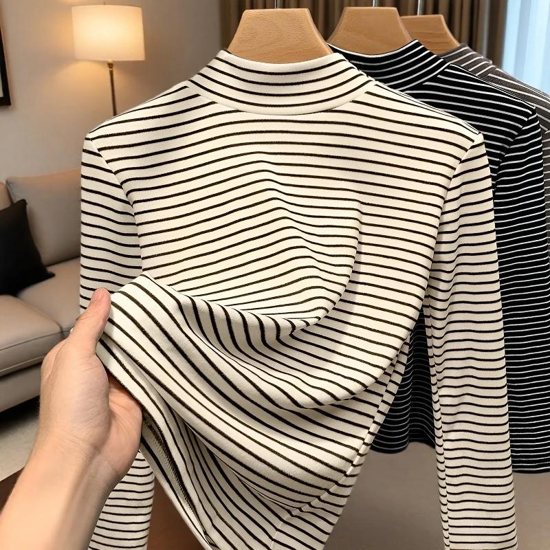Women S Slim Fit Striped Half Turtleneck Long Sleeve Thermal Base Layer Top