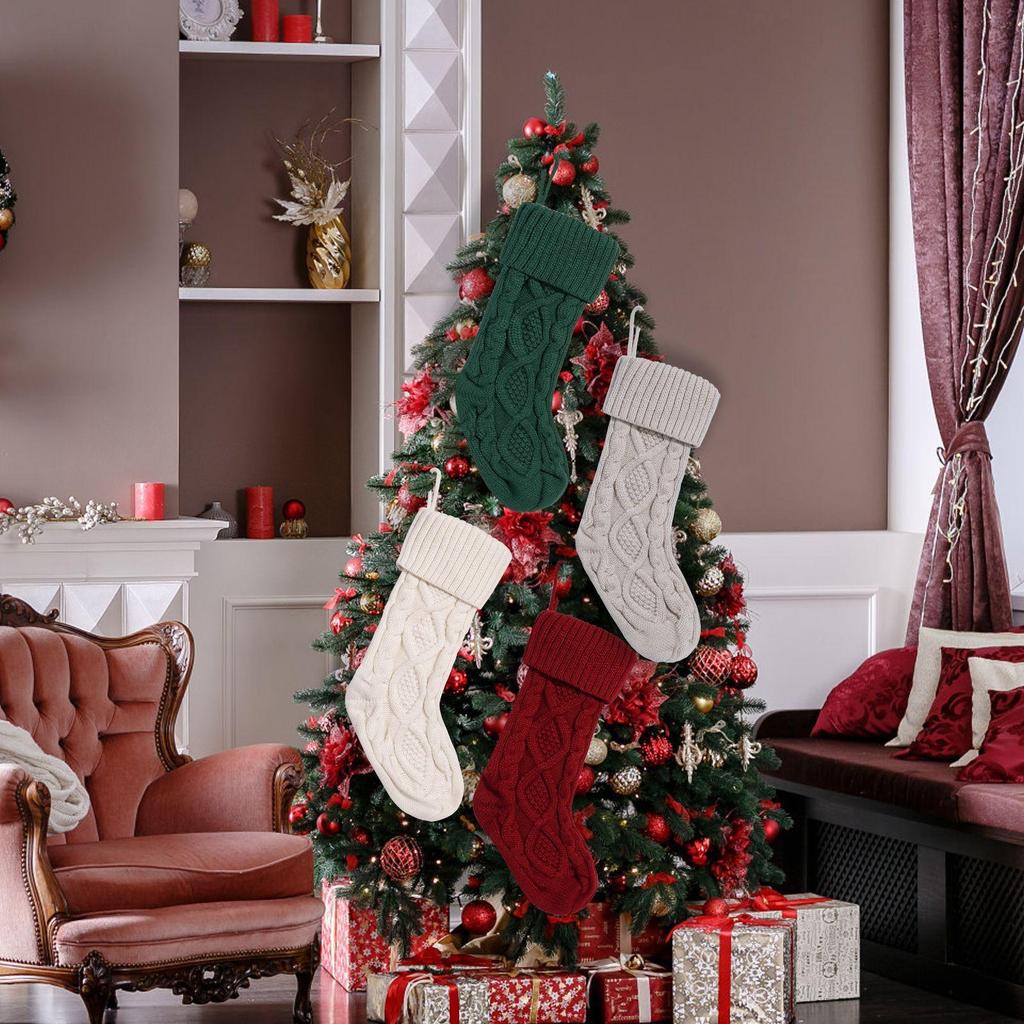Festive Plaid Wool Knitting Christmas Stocking - Large Gift Bag Ornament