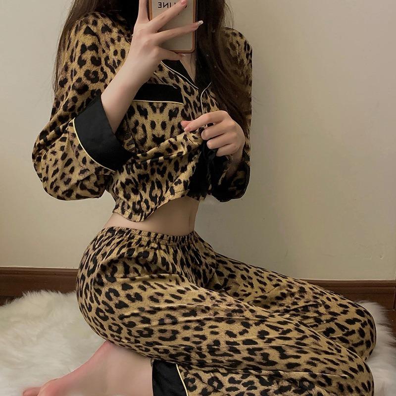 Pajamas Set Women's Fashion Leopard Print Long-Sleeved Sleepwear Loungewear Ladies Upscale Homewear