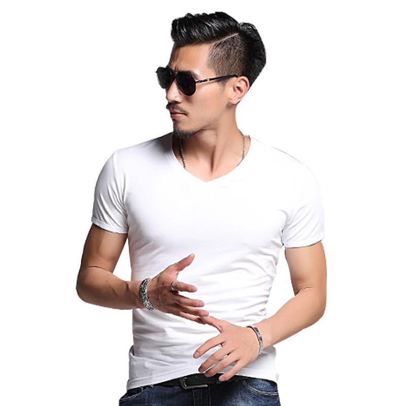 Man Solid Color Summer Casual Short Sleeve Bottoming Color V-Neck Solid ...