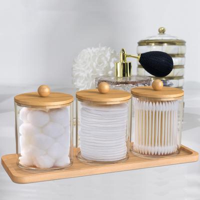 3-teiliger Halterspender mit Bambusdeckel, durchsichtige Badezimmergläser aus Acryl mit Tablett, Wattestäbchen-Aufbewahrungsspender, wiederverwendbar
