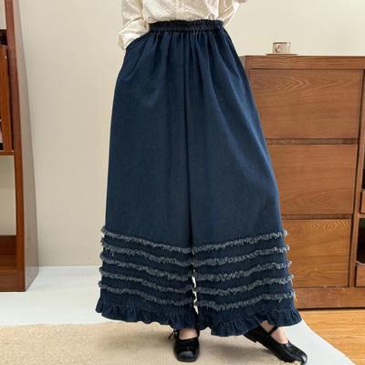 Japanese Mori Women Multi Layered Wide-leg Pants Denim Spring Loose Versatile Casual Fungus-trimmed Trousers