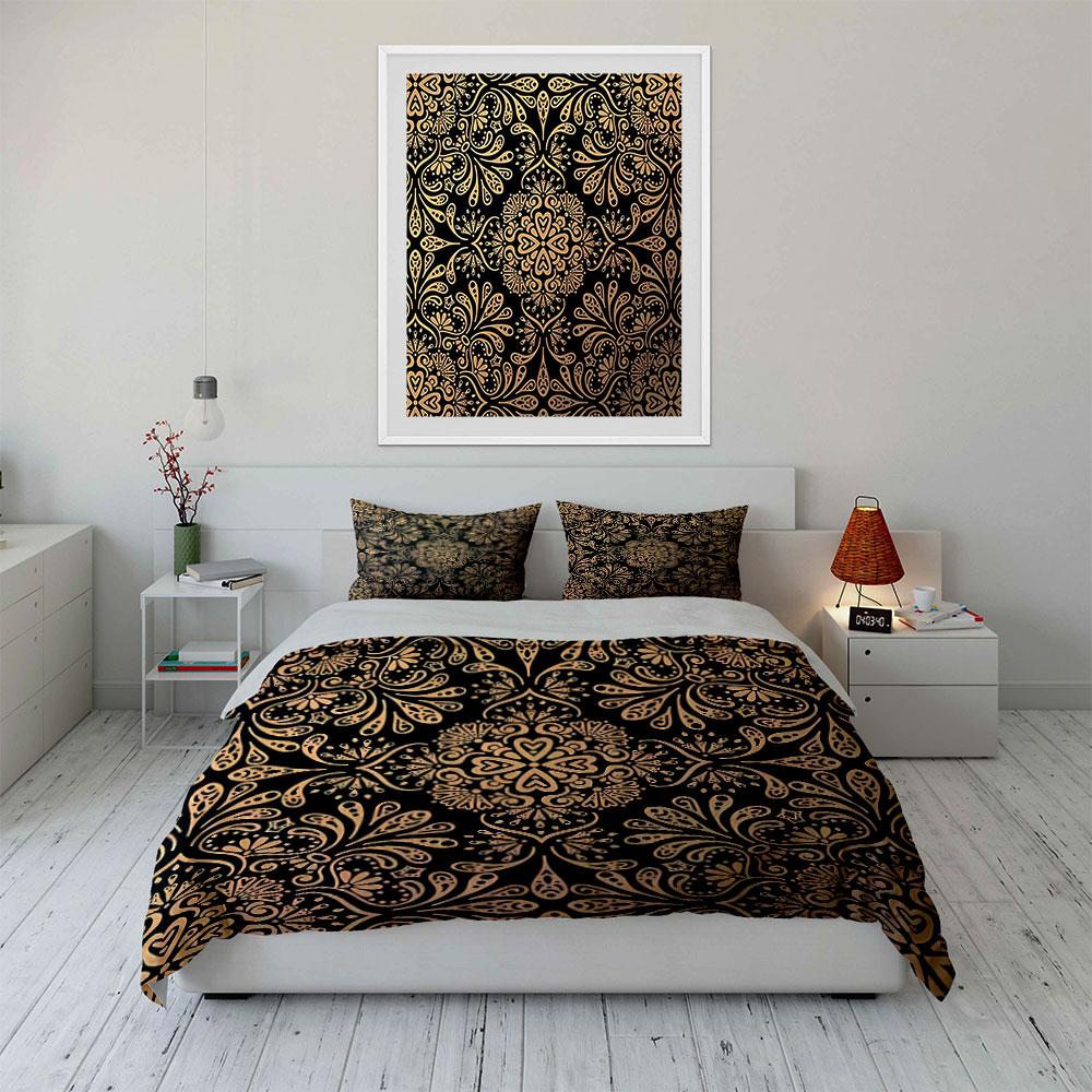 3Pcs Gold Damask Vintage Floral Duvet Cover Set Black Luxury Baroque Bedding Includes 1 Duvet Cover And 2 Pillowcase Gift