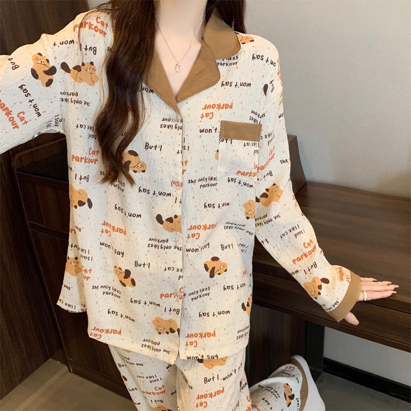 Pajamas Women'S Autumn Cloud Cotton Long-Sleeved Suit Style Japanese Kitten Girl Style Loungewear Can Be Worn Outside