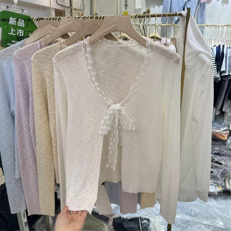 Women's Clothing, Summer New Sweet and Lazy Lace Straps Knitted Cardigan Women's Short Long-sleeved Top