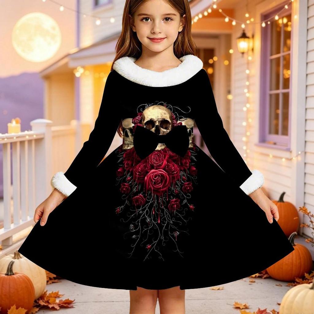 Kinder Langarm Weihnachtskleid, Halloween-Print Kunstpelzkragen Schleifen-Dekor Prinzessinnenkleider für Mädchen Feiertagsparty-Kleidung
