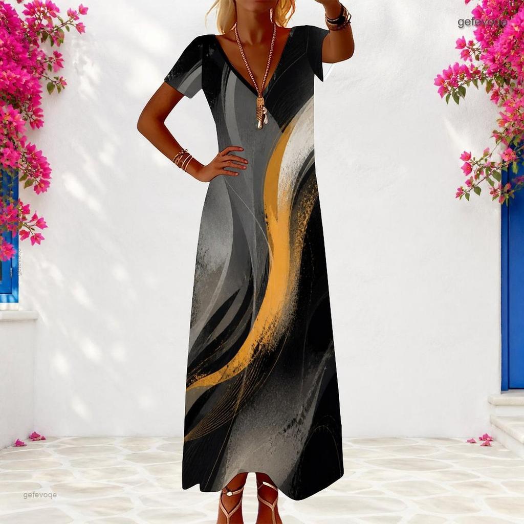 Women Plus Size V Neck Short Sleeve Gradient Printed Maxi Dress