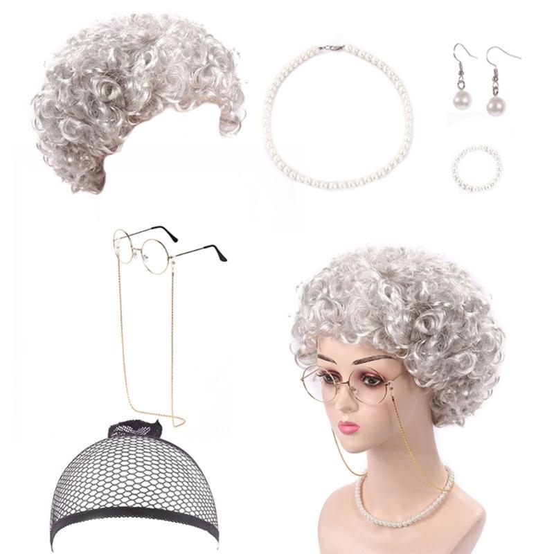 Halloween Grandma Costume Set 100 Days Of School Old Lady Costume Set Wig Granny Glasses with Chain Necklace for Girls
