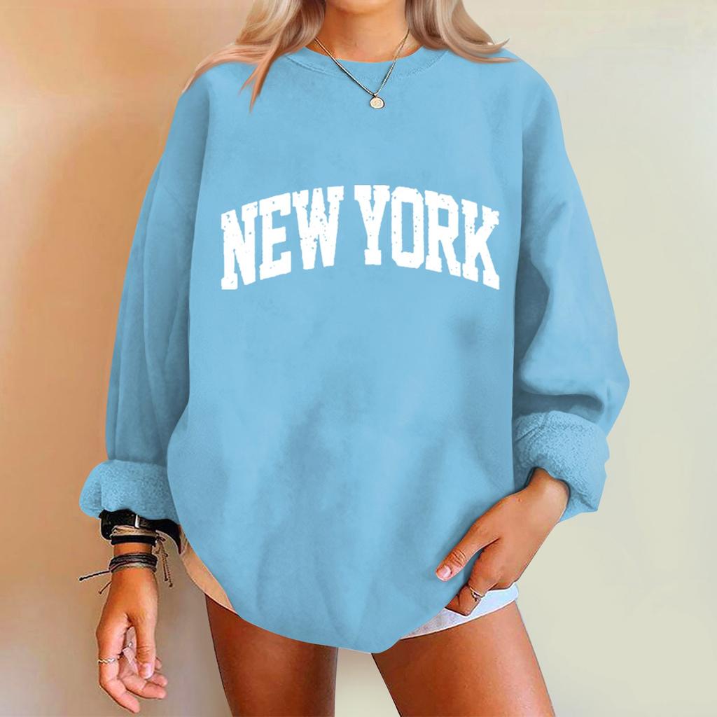 Damenmode, lässig, überschnittene Schultern, langärmelig, bedruckt, Rundhalsausschnitt