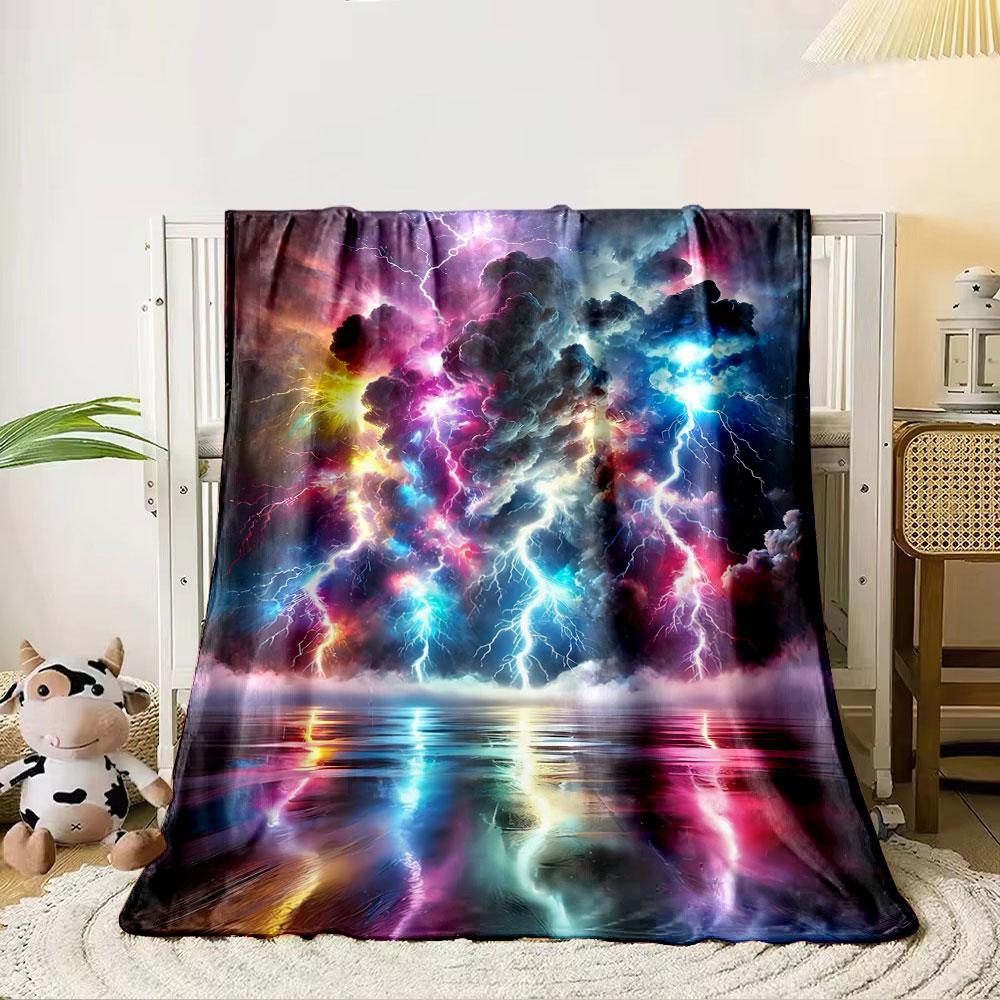 Vivid Lightning Bolts Illuminate Colorful Clouds with Reflections In Water. for All Seasons Blanket Lunch Break Throw Gift