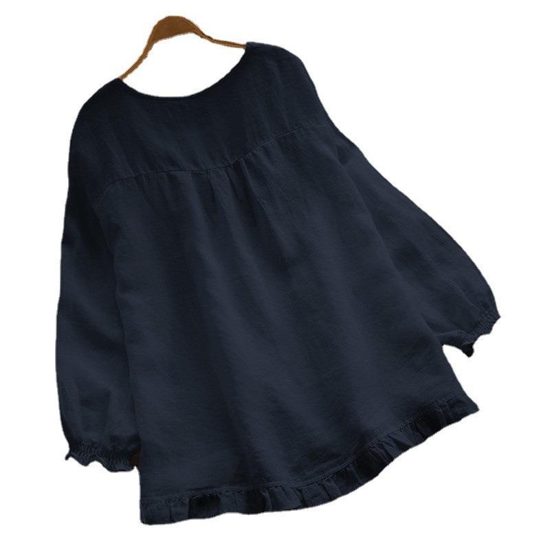 Women S Loose Fit Long Sleeve Round Neck Shirt With Ruffled Cuffs And Hem