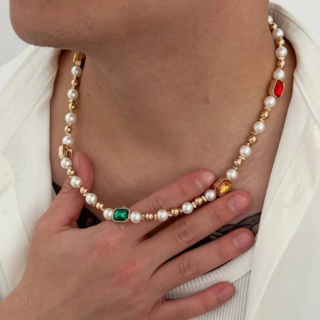 SHIXIN Baroque Acrylic Rhinestone Imitation Pearl Beaded Necklace for Men Trendy Exquisite Clavicle Chain Jewelry Birthday Gifts