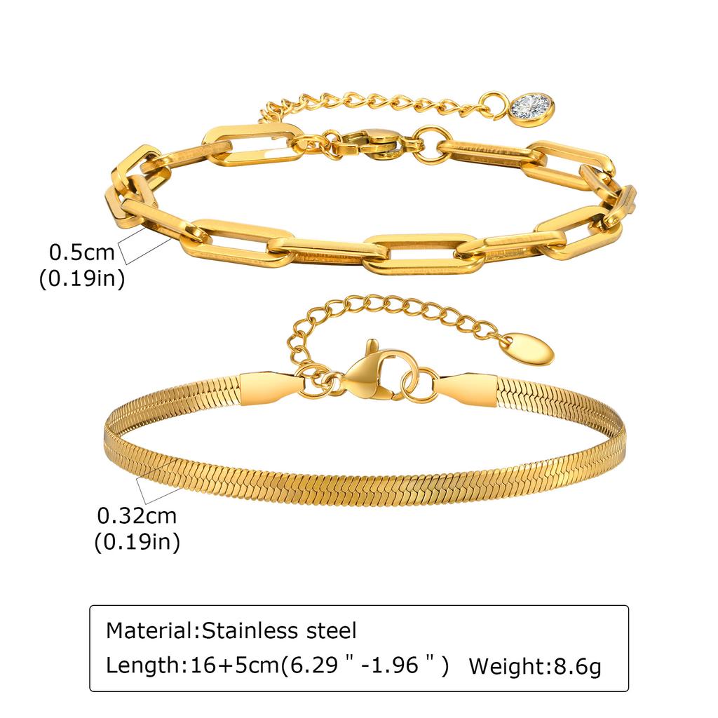 316L Stainless Steel Bracelet 2PCS, Golden Layered Chain Adjustable Stackable Jewelry, Women Summer Vacation Gift