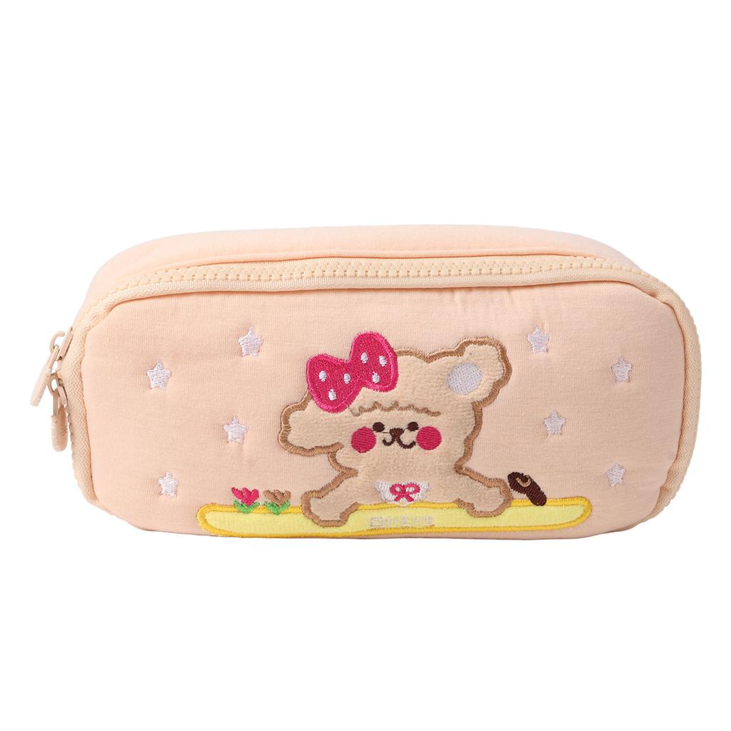 Pencil Bag Cotton Cute Puppy Pattern Large Capacity Cartoon Pencil Pouch for Students Beige