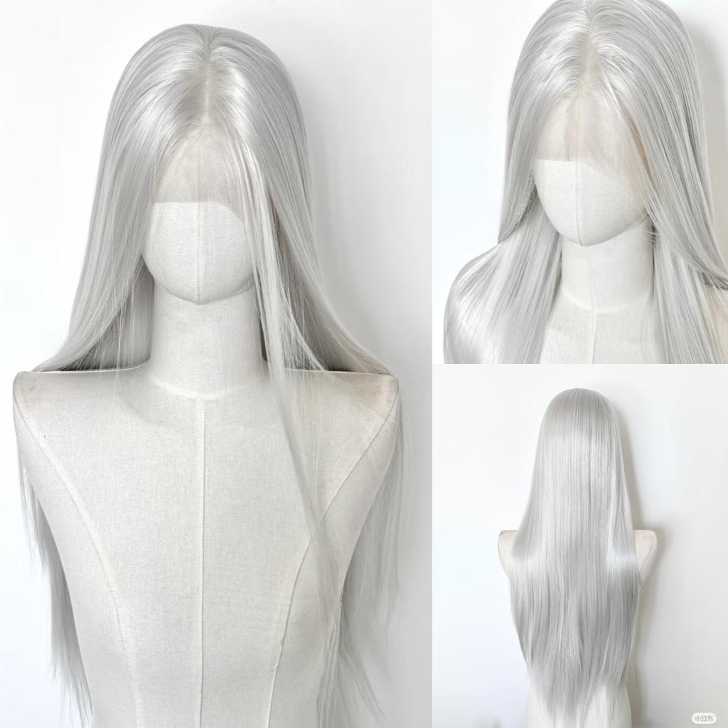 Silberfarbene Spitze Front Perücke 13x4 Lang Gerade Weiße Spitze Front Perücke Hochtemperaturfasern Synthetische Spitze Front Frontal Cosplay Perücken