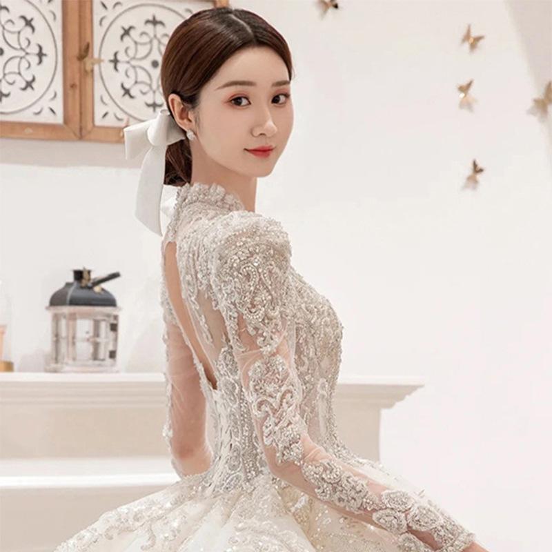 Heavy industry wedding dress bride   new main dress texture large size pregnant woman small fat mV neck long sleeve wedding dress