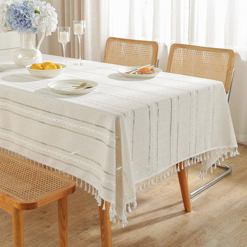 Rustic Embroidery Table Cloth, Cotton Linen Stripe Tassel Tablecloth Antifouling Dust Proof Table Cover For Kitchen Dining Decor