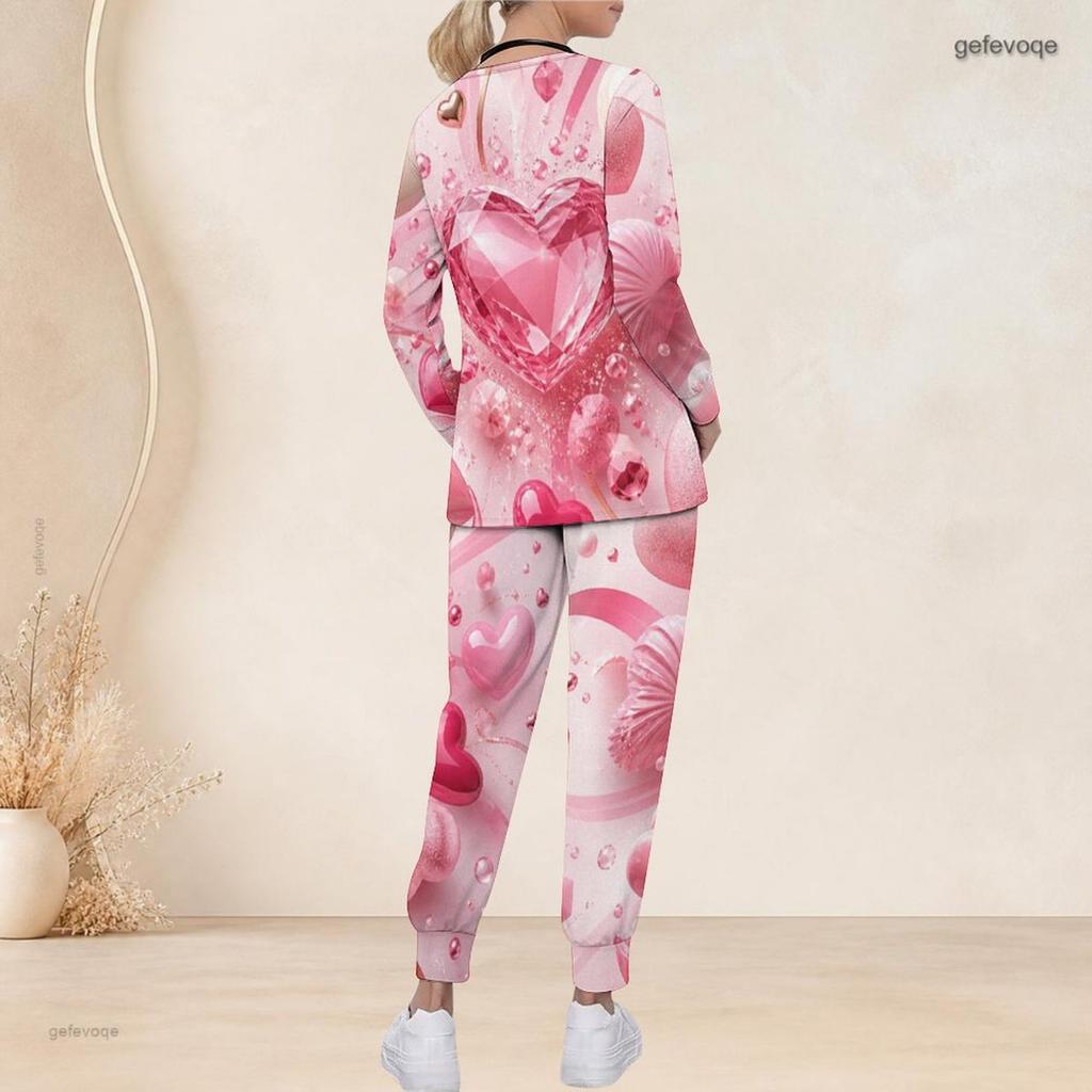 Women Plus Size V Neck Long Sleeve Scrub Set Pink Crystal Diamond Heart Glitter Print Nurse Uniform Set