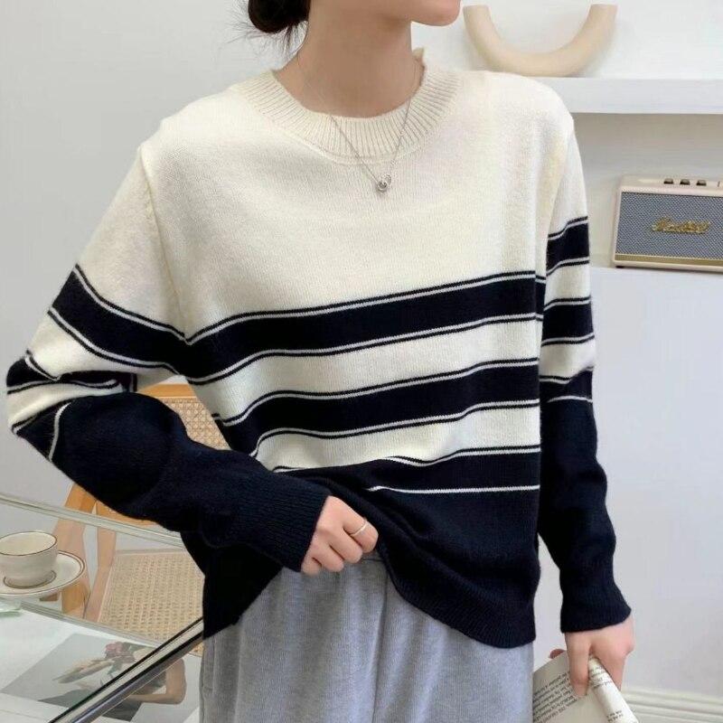 

Пуловер Весна и Осень Свитер Свободный Корейский Длинный Рукав Полоса Пуловер Повседневный Трикотаж Slouchy O Шея Свитер Пуловер