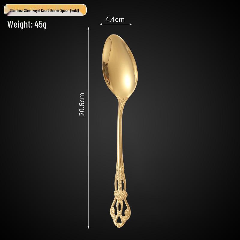 Royal Court 5-Piece Cutlery Set: Vintage Titanium-Plated Gold Stainless Steel Knife, Fork & Spoon with Embossed Hollow Design.