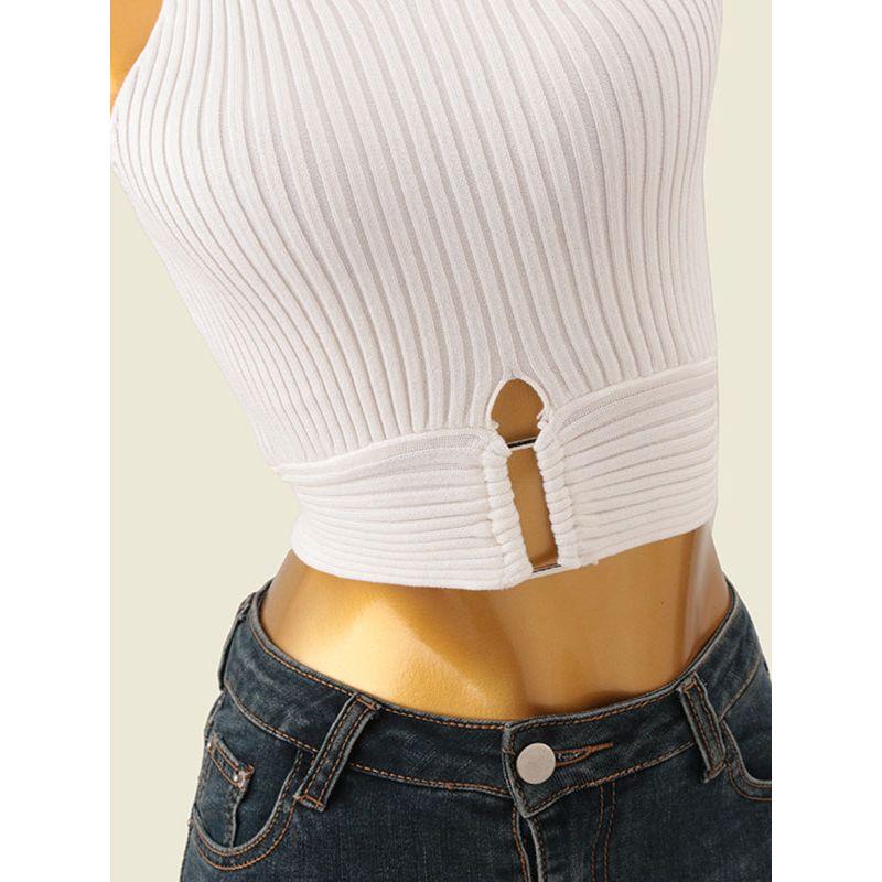 B Style Summer Series Metal Ring Knitting Vest Narrow Shoulder Hollow-out Short Halter Spaghetti Straps Vest