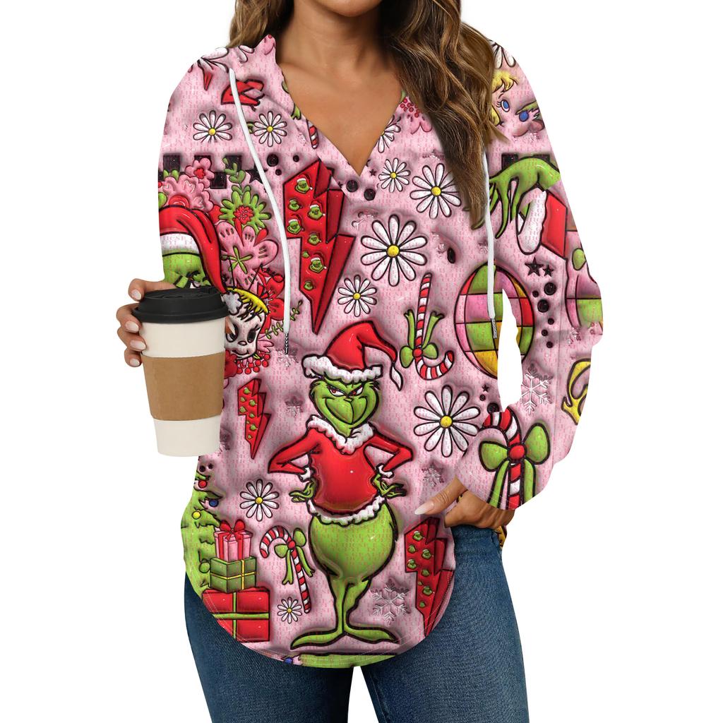 Women's Fashion Hoodies V Neck Long Sleeve Christmas Printed Drawstring Casual Loose Pullover Tops